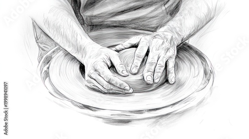 Monochrome sketch of hands shaping clay on a pottery wheel. The process is artfully rendered