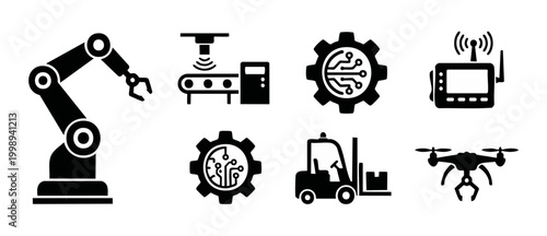 Industrial Automation Robot Icons Set, Factory Robotics and Logistics Symbols, Mechanical Arms, Conveyor Systems and Warehouse Technology Graphics for Digital Manufacturing, Engineering and Industry 4