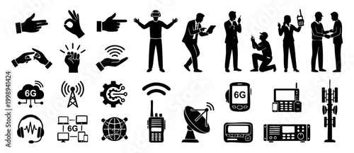 6G Communication Technology and People Icons Set, Digital Network Connectivity Symbols, Wireless Signal Transmission, Virtual Reality VR Gadgets, Business Professional and Technical Support Vector Ill