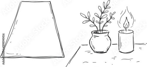 Drawn scene of vase with plant and burning candle beside lamp.