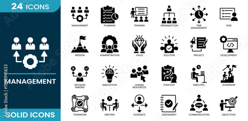 Management icon set. Organization, management, planning, strategy, project, leadership, communication, decision making, human resources. Solid vector icons.