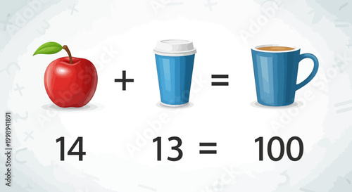 Mathematical equation with fruit and drink.