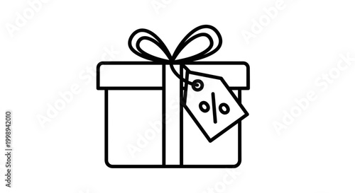Gift box with a tag showing percentage symbol, icon for sale, discount, or special offer