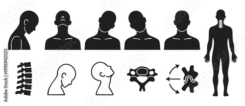 Neck pain exercises and cervical spine anatomy icons set, showing human head movements, posture correction, chiropractic adjustment, vertebral column health, physiotherapy diagnostic vectors.