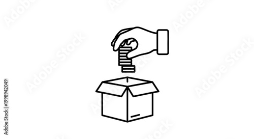 Hand dropping coins into open box, donation, charity, fundraising, investment concept