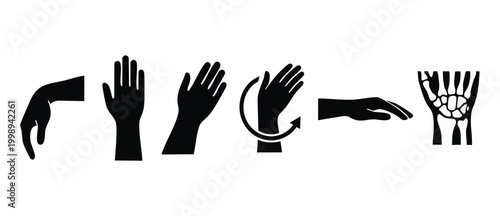 Human hand gestures icon set, wrist rotation and anatomical bones, flat silhouette collection for medical diagnostics, physical therapy exercises, health care infographic elements, orthopedic rehabili
