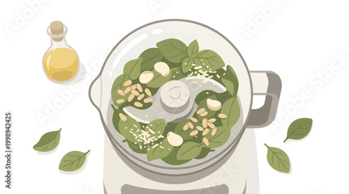 Flat Illustration of Food Processor with Basil, Pine Nuts, Garlic and Parmesan - Homemade Pesto Preparation Concept