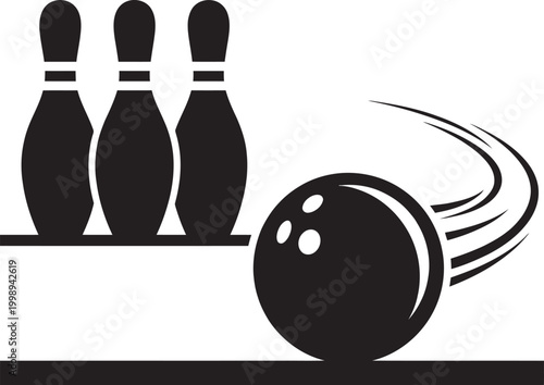 Dynamic black and white flat vector showing a bowling ball in motion with speed lines, curving toward three standing pins on a lane. A clean, high-contrast action graphic for sports designs.