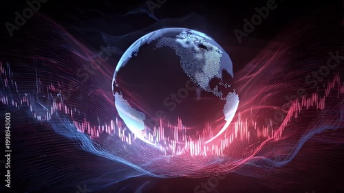 Global stock market data visualized with glowing earth and futuristic financial chart motion graphics, representing economic trends and digital analytics, dynamic investment background footage.