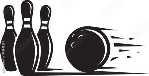 High-impact black and white vector of a bowling ball speeding toward four pins. Sharp motion trails and stylized highlights create a sense of fast-paced action and an imminent strike.
