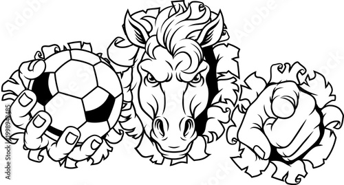 Horse mustang bronco stallion soccer football angry sports team mascot holding a ball.