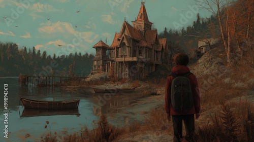 A lone figure with a backpack stands by a calm lakeside, gazing at an old, mysterious wooden house surrounded by trees and autumn foliage.