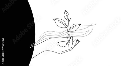 A Hand Gently Holding a Sapling with Wavy Lines Suggesting Growth and Nature's Embrace