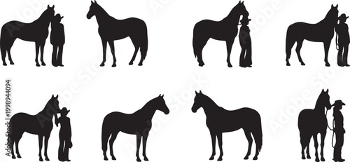 Set of cowboy and horse silhouettes in various poses for western themed graphic design projects