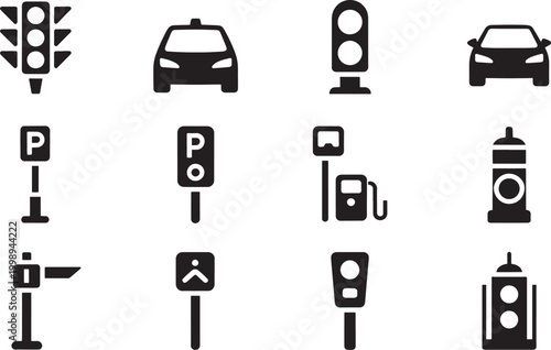 Traffic and Road Sign Icon Set with Signal Lights Parking Fuel Station Fire Hydrant Direction Indicators for Transportation Safety and Urban Navigation Design