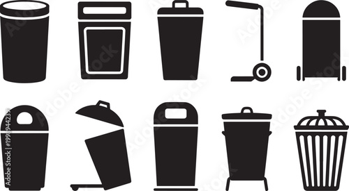 Trash Bin and Waste Management Icon Set with Garbage Containers Recycling Bins Disposal Symbols for Clean Environment Sanitation and Urban Services Design