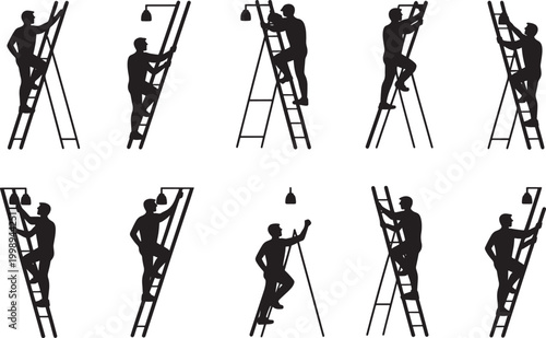 Worker Climbing Ladder Silhouette Set with Construction Maintenance Repair Work Poses Industrial Labor Safety Equipment and Building Service Design Elements