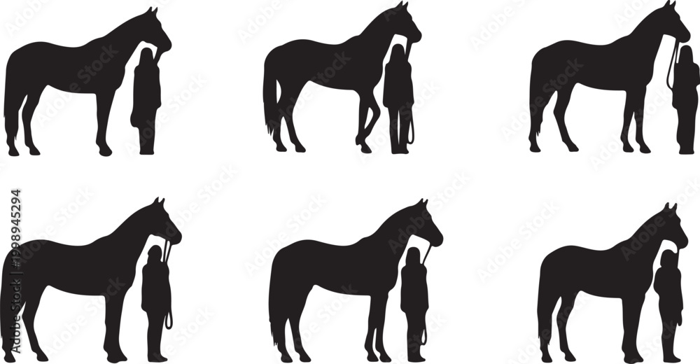 Fototapeta premium Collection of horse and person silhouettes demonstrating equestrian care and handling in vector
