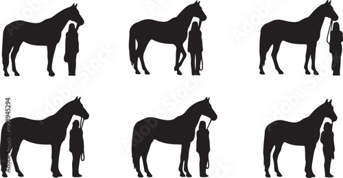 Collection of horse and person silhouettes demonstrating equestrian care and handling in vector