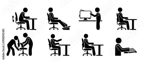 Ergonomic Office Chair Posture Icons Set for Correct Sitting Position at Desk and Workplace Health and Safety Guide Illustration, Showing Proper Spinal Alignment and Computer Workstation Setup Stance