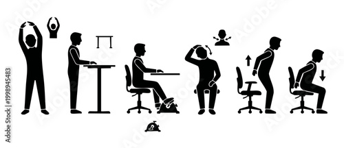 Office Exercises Stretching Workout Routine for Desk Workers to Improve Workplace Ergonomics and Prevent Back Pain with Simple Movement Illustrations Set Isolated on White Background for Corporate Hea