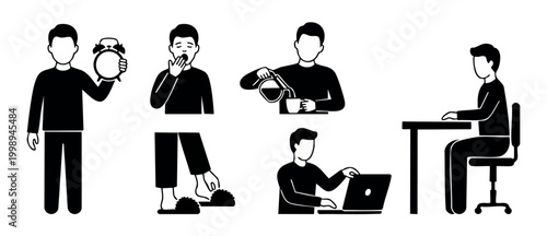 Morning Routine Man Icons Set, Daily Activity Symbols for Wake Up, Coffee Drinking, Working on Laptop and Sleeping Habits, Vector Black and White Illustration for Infographics and UI Design Elements