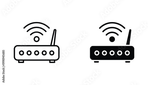 Wireless network router signal icon set with outline and solid black styles for internet connectivity and smart home communication design elements isolated on white background