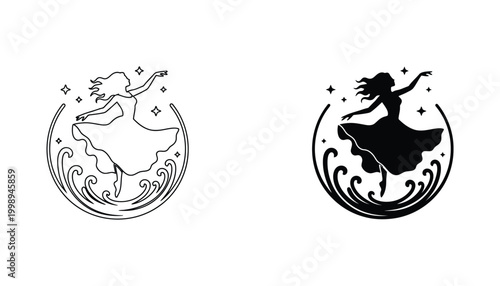 Graceful dancing woman silhouette with decorative wave and star elements in circular frame vector illustration for artistic branding