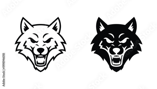 Fierce wolf head mascot logo design in black and white vector art for sports teams and gaming clans showing sharp teeth and intense gaze as a versatile vector graphic for branding and merchandise