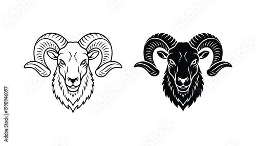 Majestic ram head mascot logo design in black and white vector art for sports teams and fitness brands showing strong horns and intense gaze as a versatile vector graphic for branding