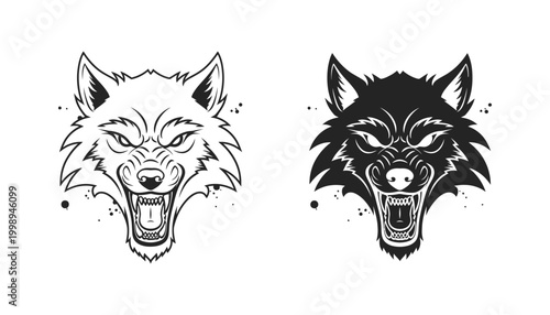 Aggressive wolf head mascot logo design in black and white vector art for sports teams and gaming clans showing sharp teeth and intense gaze as a versatile vector graphic for branding and merchandise