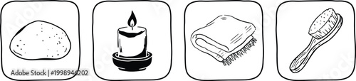 Square button style spa and beauty line icons featuring bathroom and relaxation equipment.