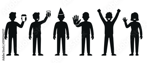 People silhouettes icons set standing with gestures and accessories. Group of men and women figures isolated on white background, casual poses collection for diverse social communication and teamwork