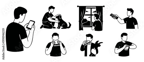 Man daily routine activities icon set, lifestyle habits and hobby icons in flat black and white vector illustration style, featuring domestic man with dog, phone, food, remote control and watching tim