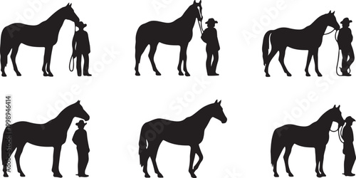 Black silhouettes of people standing with horses and holding reins in a peaceful farm setting.