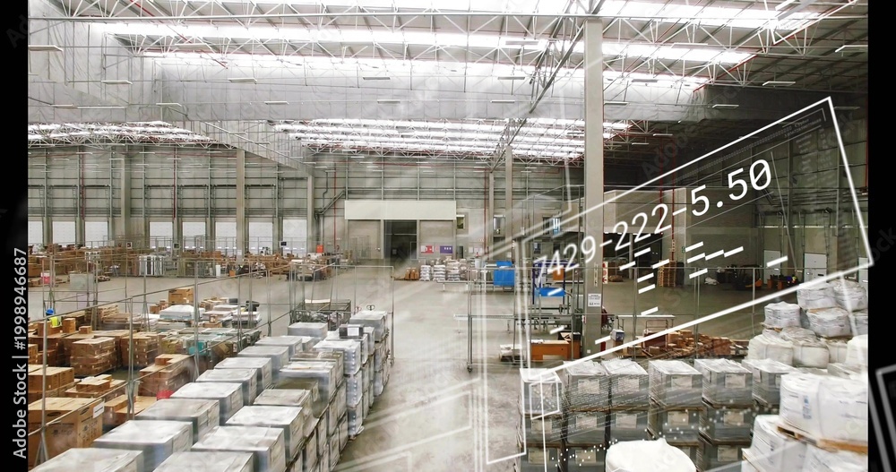 Fototapeta premium Displaying rows of pallets spanning central aisle in distribution center, with digital overlay