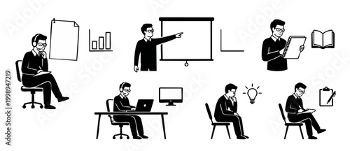 Business Man Office Icons Set, Professional Corporate Activities Collection, Vector Illustration of Male Characters Working, Presenting, Thinking and Planning in Minimalist Black and White Style Desig