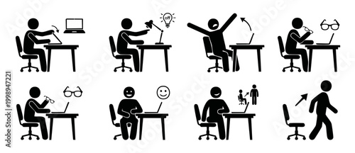 Stick figure office worker daily routine icons set, person working at laptop, computer tasks, taking breaks, leaving desk, professional workflow stages and business productivity behavior flat vector g
