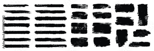 Set of different grunge brush strokes with banner for graphic background decoration.  Paint, ink brush, brush strokes, brushes, lines, frames, buttons, grungy rough. grunge thick paint line texture.