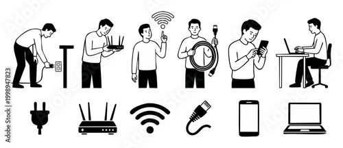 Internet connectivity concept icons set with man using router wifi network cable laptop and smartphone for home networking and digital communication technology solutions in flat outline vector illustr