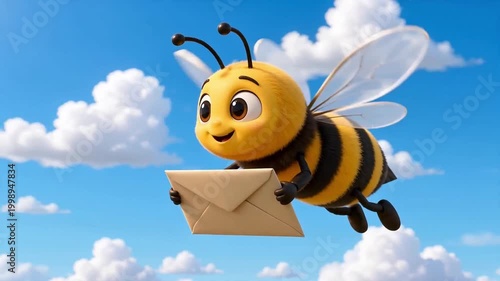 A 3d cartoon bee is flying and carrying an envelop with a blue cloudy sky background
