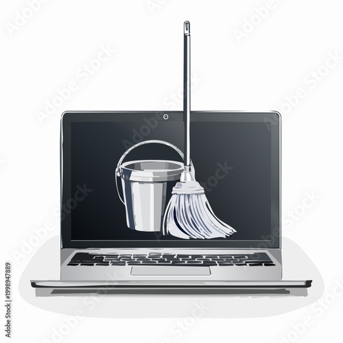 Digital hygiene and laptop maintenance concept. A laptop with a mop and bucket illustrating virus removal, system optimization, and clearing malware for better computer performance.