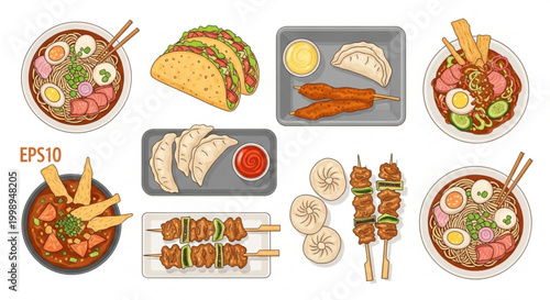 A colorful vector graphic illustration of various international foods including tacos ramen dumplings and skewers on a clean white background vector