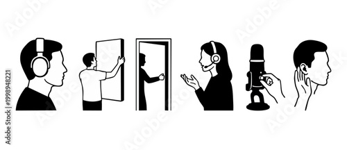 Audio Engineering Icon Set, Sound Recording and Hearing Concepts, Vector Outline Illustration for Podcast Studio, Soundproofing, Microphone Adjustment and Auditory Health Symbols for Graphic Design El