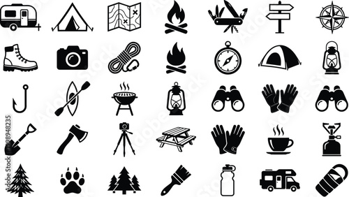Camping and outdoor adventure equipment icons set, featuring hiking gear, forest tourism symbols, wilderness survival tools, nature exploration elements, and recreation accessories.