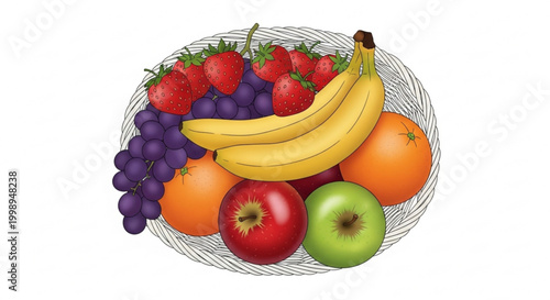A vibrant vector illustration of a wicker bowl overflowing with a colorful mix of fresh fruits including bananas strawberries grapes apples and oranges vector
