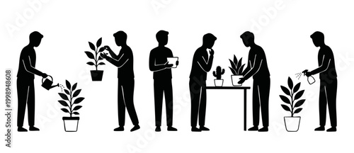 People caring for plants silhouette, gardening hobby activities, man watering and pruning potted plants set, black and white icon collection for botanical interior design or greenhouse gardening conce