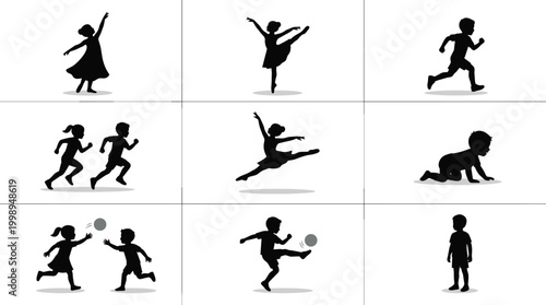 Children activity icons, dancing, ballet, running, crawling, ball games, playtime silhouette illustration