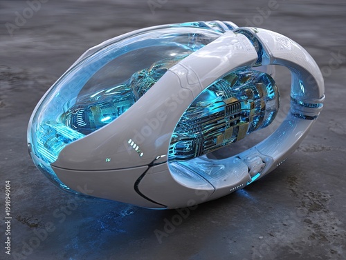 Futuristic robotic device with glowing blue interior.