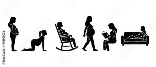 Pregnant woman silhouette icons set, pregnancy activities and poses, expecting mother daily routines, standing, sitting, yoga, walking, reading book and relaxing on sofa, isolated vector illustration